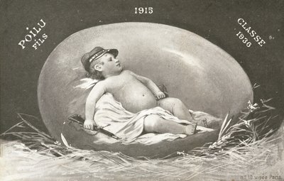 1915, påskekort, der viser allerede bevæbnet babysoldat i æg af French Photographer