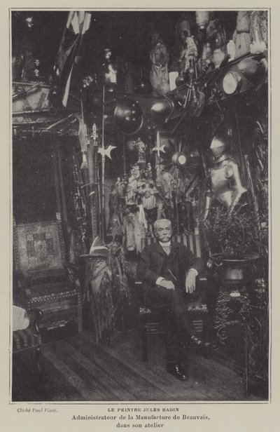 Französischer Maler Jules Badin, Leiter der Beauvais-Teppichmanufaktur, in seiner Werkstatt von French Photographer