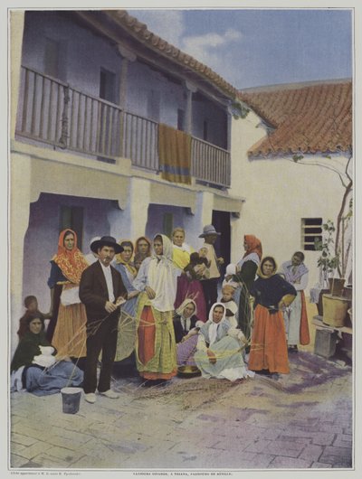 Sigøjnervævere i Triana, en forstad til Sevilla (farve litho) af French Photographer