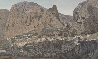 Moustiers-Sainte-Marie, generel udsigt og Notre-Dame de Beauvoir kapel af French Photographer