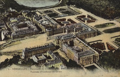 Panoramaudsigt over slottet og haverne i Versailles (farvefoto) af French Photographer