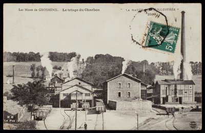Postkort, der viser minerne i Grosmenil, der sorterer kul, Haute-Loire, ca. 1900 af French Photographer