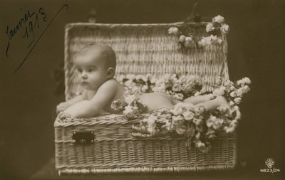Postkort af en baby i en flettet kurv med blomster, sendt i januar 1913 af French Photographer