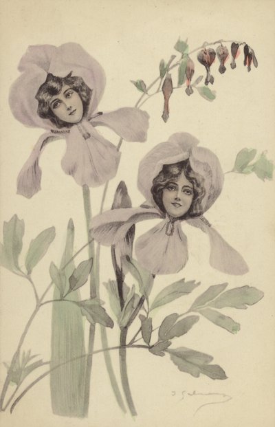 To irisblomster med hver et ansigt af en ung kvinde (collage) af French Photographer