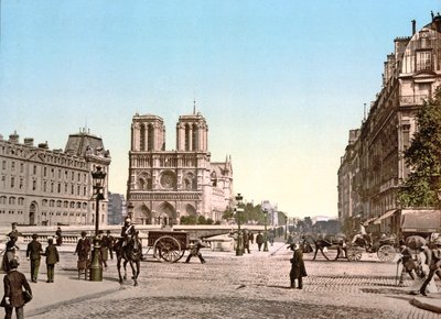 Den vestlige facade af Notre Dame og Pont St. Michel, Paris, pub. ca. 1900 af French Photographer
