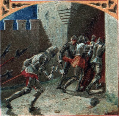 100-års krig: Burgundernes hær erobrede Pierrefonds borg ved forræderi (1300-tallet). Kromolitografi i slutningen af det 19. århundrede af French School