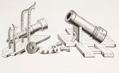 1400-tals kanoner, med fast pistolvogn (højre) og rullende pistolvogn (venstre) fra Les Arts au Moyen Age, udgivet 1873 af French School