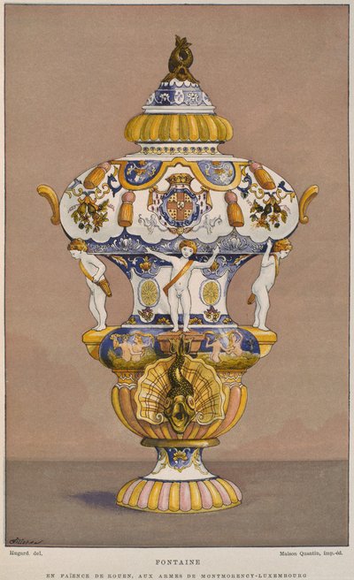 Fajancefontæne fra det 18. århundrede med Montmorency Luxembourgs våbenskjold, fremstillet i Rouen, illustration fra Dictionnaire de lameublement et de la dekoration af Henry Havard, bind 2, af French School