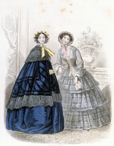 2 moderigtige kvinder: i outfit - i "" Journal des Demoiselles"" 1852 (gravering) af French School