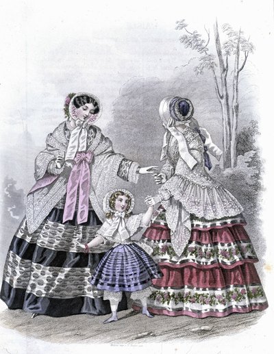 2 moderigtige kvinder med en pige på gåtur - i "Journal des Demoiselles"" 1852. af French School