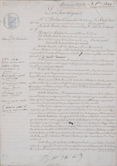 2. kontraktdokument vedrørende La Comedie Humaine mellem Honore de Balzac (1799-1850) og Hetzel, Paulin, Dubochet og udgiveren Charles Furne, 2. oktober 1841 af French School