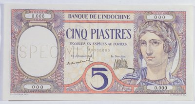 5 Piastres-seddel, fra Indo-Kina-banken (papir) af French School