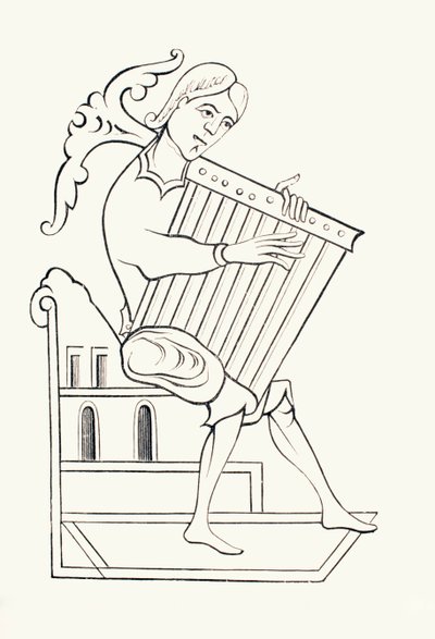 En musiker fra det 9. århundrede, der spiller et musikinstrument kendt som et psalterium, fra 