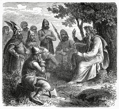 En bard reciterer til nordmænd, ca. 1882 (træstik) af French School