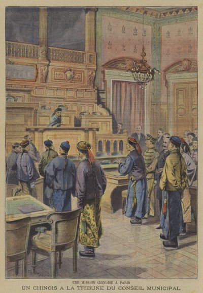 En kinesisk mission til Paris: en af de kinesiske delegerede ved byrådets podium (farve litho) af French School