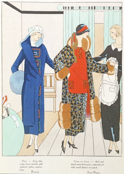 Et par smukke nyheder fra Art-Gout-Beaute, kostumer af Premet og Jean Patou, oktober 1923 (litografi) af French School