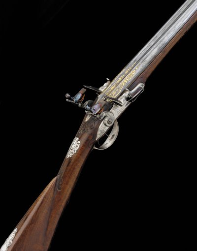 En fin og sjælden 20-boret sølvmonteret fransk D.B. Flintlock Sporting Gun, ca. 1725 af French School