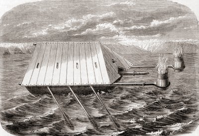Et græsk brandskib, efter en tegning i et latinsk manuskript fra det 13. århundrede, fra Les Merveilles de la Science, udgivet ca. 1870 (gravering) af French School