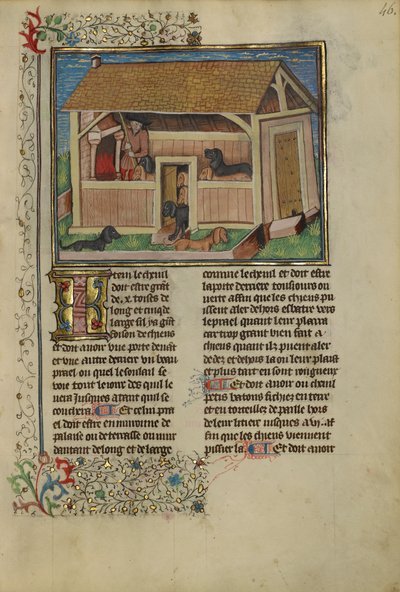 En jæger, der tager sig af hunde, ca. 1430-40 (tempera, guld, sølvmaling og blade på pergament) af French School