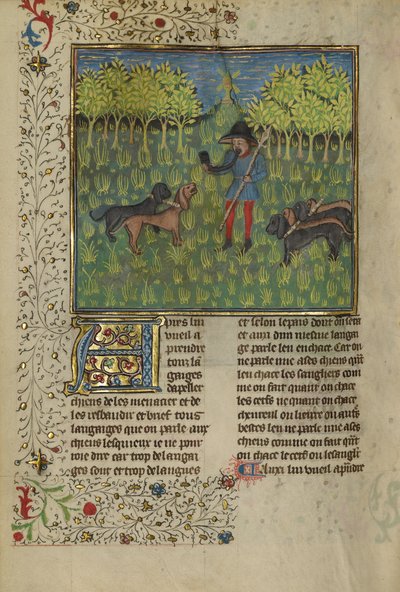 En jæger træner hunde til at reagere på et horns kald, ca. 1430-40 (tempera, guld- og sølvmaling og bladguld på pergament) af French School