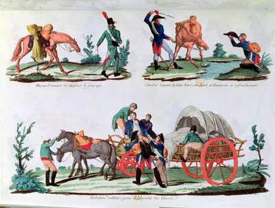 En husar med foder, en kavalerist og en infanterist, der slukker sin tørst og en militærambulance (farvegravering) af French School