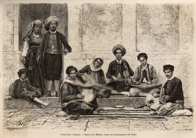 Et jødisk orkester, i Tlemcen, uvægerligt sammensat af 5 instrumenter: rbab monteres på 2 strenge; kouistra, en slags lut; kamendja eller violin; centihren, en slags flad trapezkasse og derbouchaen, en slags tamburin i jorden; alle mu af French School