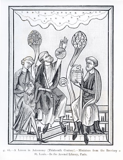 A Lesson in Astronomy, fra Breviary of St. Louis, illustration fra Science and Literature in the Middle Age and the Renaissance, skrevet og indgraveret af Paul Lacroix, 1878 (bw foto af French School