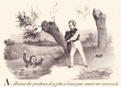 A: Næstekærlighed, han kaster sig i vandet for at redde en kammerat. af French School