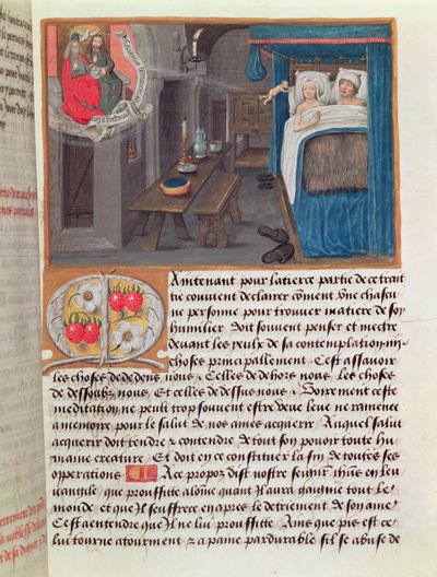 Et ægtepar i sengen modtager et barn fra den hellige treenighed af French School