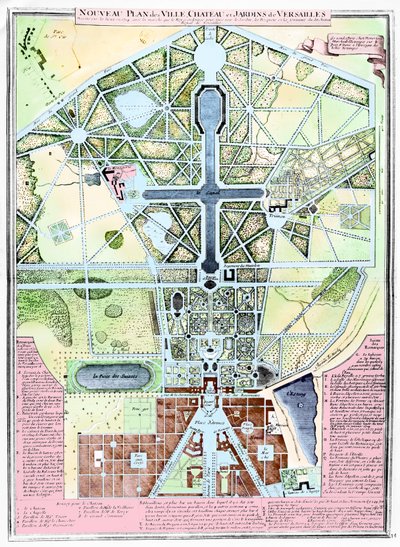En ny plan for byen, slottet og haverne i Versailles, 1714 af French School