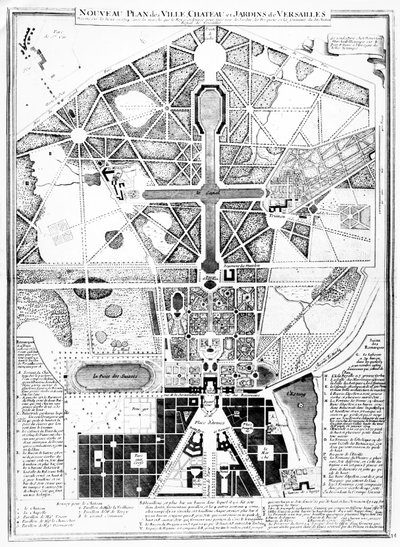 En ny plan for byen, slottet og haverne i Versailles, 1714 af French School