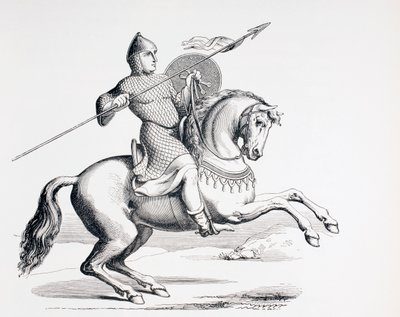 En normannisk ridder klædt i ringbrynje og hjelm med spyd og skjold, 1873 af French School