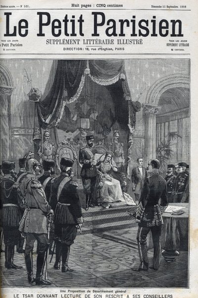 Et forslag om generel nedrustning (fremsat til de europæiske magter) - Tsar Nicholas II (1868-1918) læser sin reskription for sine rådgivere. Le Petit Parisien af French School