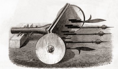 En Ribauldequin, infernalsk maskin- eller orgelpistol, bevæbnet med små kanoner og gedder, fra Les Merveilles de la Science, udgivet ca. 1870 (gravering) af French School