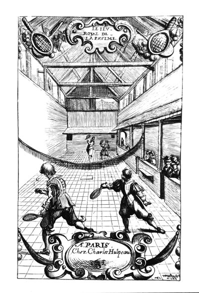Et kongeligt tennisspil i Jeu de Paume, Versailles, udgivet af Charles Hulpeau af French School