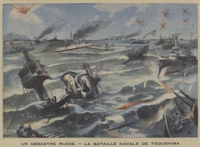En russisk katastrofe: nederlag i slaget ved Tsushima, russisk-japansk krig (farve litho) af French School