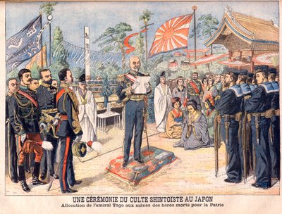 En Shinto-ceremoni i Japan. Admiral Togo taler til ånderne fra japanske helte, der blev dræbt i den russisk-japanske krig. En ceremoni med shintoistisk tilbedelse i Japan. Adresse af Admiral Togo (Togo Heihachiro af French School