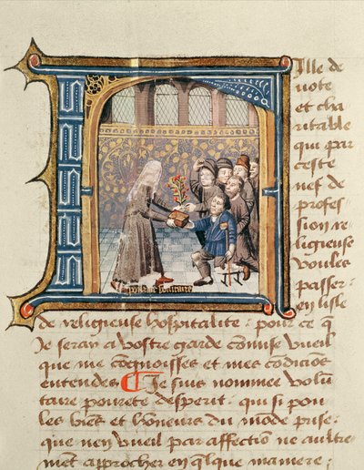 En søster, der modtager gaver fra patienter, fra Le Livre de Vie Active de lHotel Dieu de Paris af Jean Henry, ca. 1482 af French School