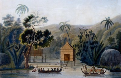 Et Spirit House på pæle i Offak Harbour, Waigou Island, fra Voyage Around the World på Corvette Coquille af løjtnant Louis Isodore Duperrey, 1826 af French School