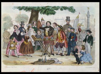 En gademagiker nær Place de la Bastille, Paris, indgraveret af H. Jannin, ca. 1840-50 af French School