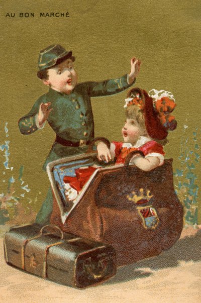 A Surprise in the Luggage, fra en serie af illustrationer af børn, produceret som salgsfremmende kort til Bon Marché-varehuset i Paris, ca. 1890 af French School