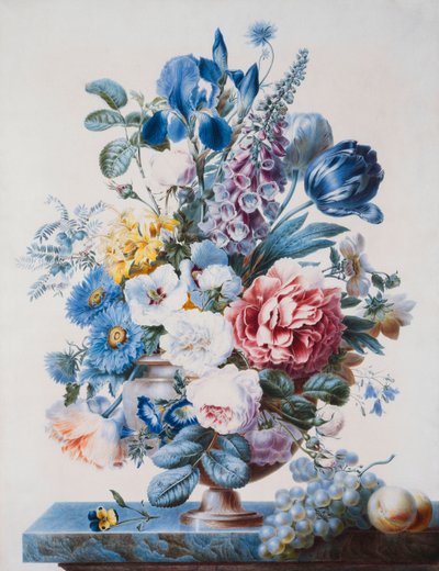 A Vase of Flowers on a Ledge with Grapes and Peaches, dani af French School