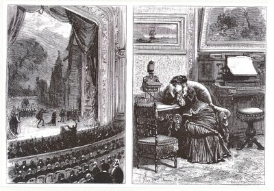 En kvinde, der lytter til en operaforestilling i sit eget hjem ved hjælp af Ader-Bell-telefonen og Aders-arrangement til musiktransmission, fra Les Nouvelles Conquetes de la Science af Louis Figuier, af French School