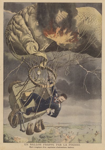 En ballon ramt af lynet (farve litho) af French School
