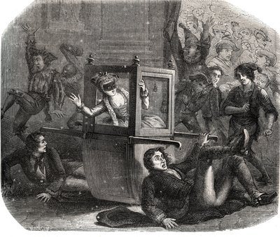 En flok jokere forhindrer Marie-Therese (Marie Therese) Le Vasseur (Levasseur) (1721-1801), et kostume til karnevallet, fra at rykke frem i sin kørestol. Hun er et offer for hævnen fra en af de tidligere elskere. Indgravering fra 1871 i "Histoire Des Cocus af French School