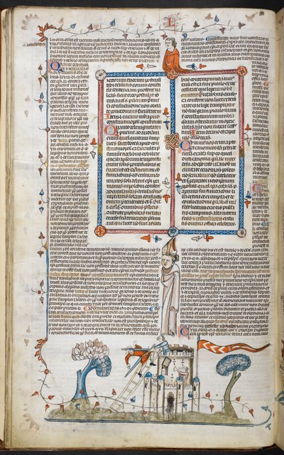 En bas-de-page scene af en mand, der forsøger at invadere et slot, bliver dræbt af en af forsvarerne, fra Smithfield Decretals, Royal 10 E. IV, f.18v af French School