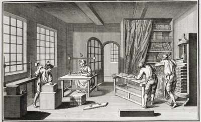 Et bookmakerværksted fra Encyclopedie des Sciences et Metiers af Denis Diderot (1713-84) udgivet ca. 1770 af French School