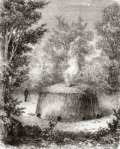 En trækulsovn i skoven, efter en tegning fra det 19. århundrede, fra Les Merveilles de la Science, udgivet ca. 1870 (gravering) af French School