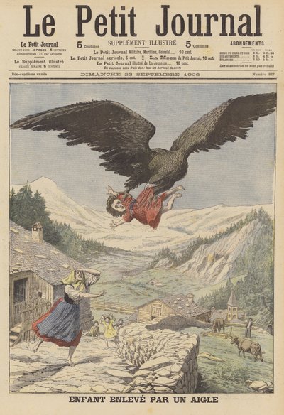 Et barn båret af en ørn i de italienske alper (farve litho) af French School