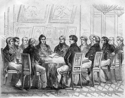 En forsoning af borgerskabets deputerede ved Palais Royal i Paris under Charles X og Restaurationen. Indgravering i "Historien om paver-konger-dronninger og kejsere gennem århundrederne"" af Maurice Lachatre af French School